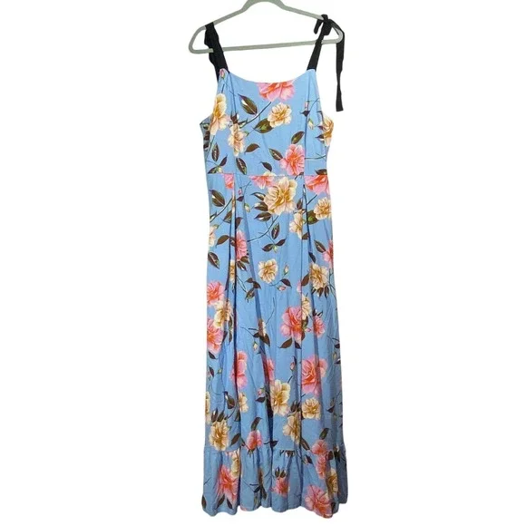 GB Floral Print Grosgrain Tie Maxi Dress Sz Xl Blue Floral Lined Brunch - Picture 2 of 8